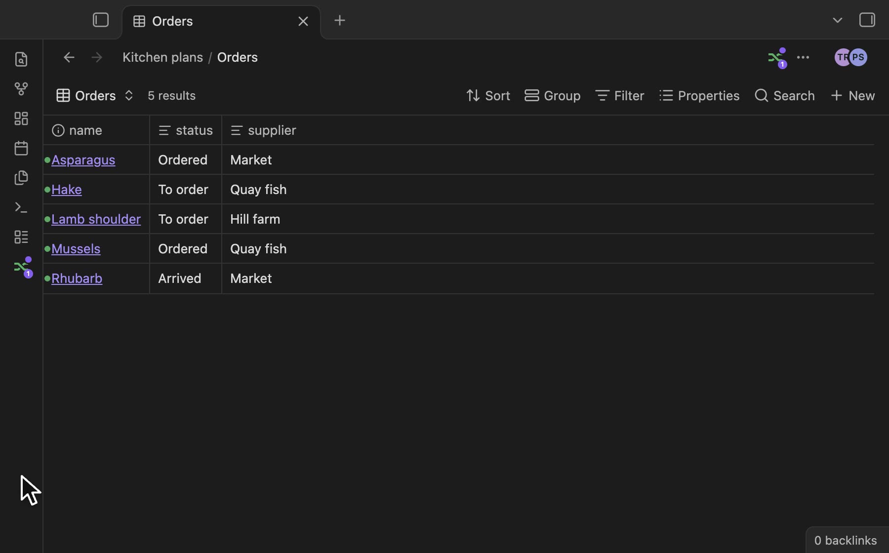 Recording: in a base, Tomás’s outline on the row he is on, then a card moved between lanes of its kanban view.