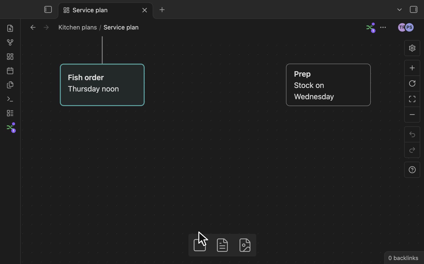 Recording: on a canvas, Tomás moves, resizes and links cards while you work beside him.