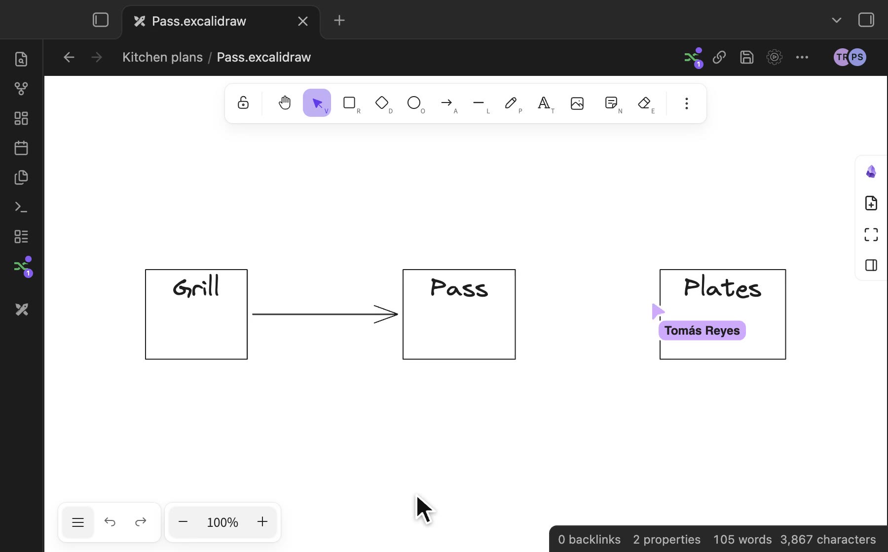 Recording: an Excalidraw drawing, with Tomás’s named pointer drawing and moving shapes beside yours.