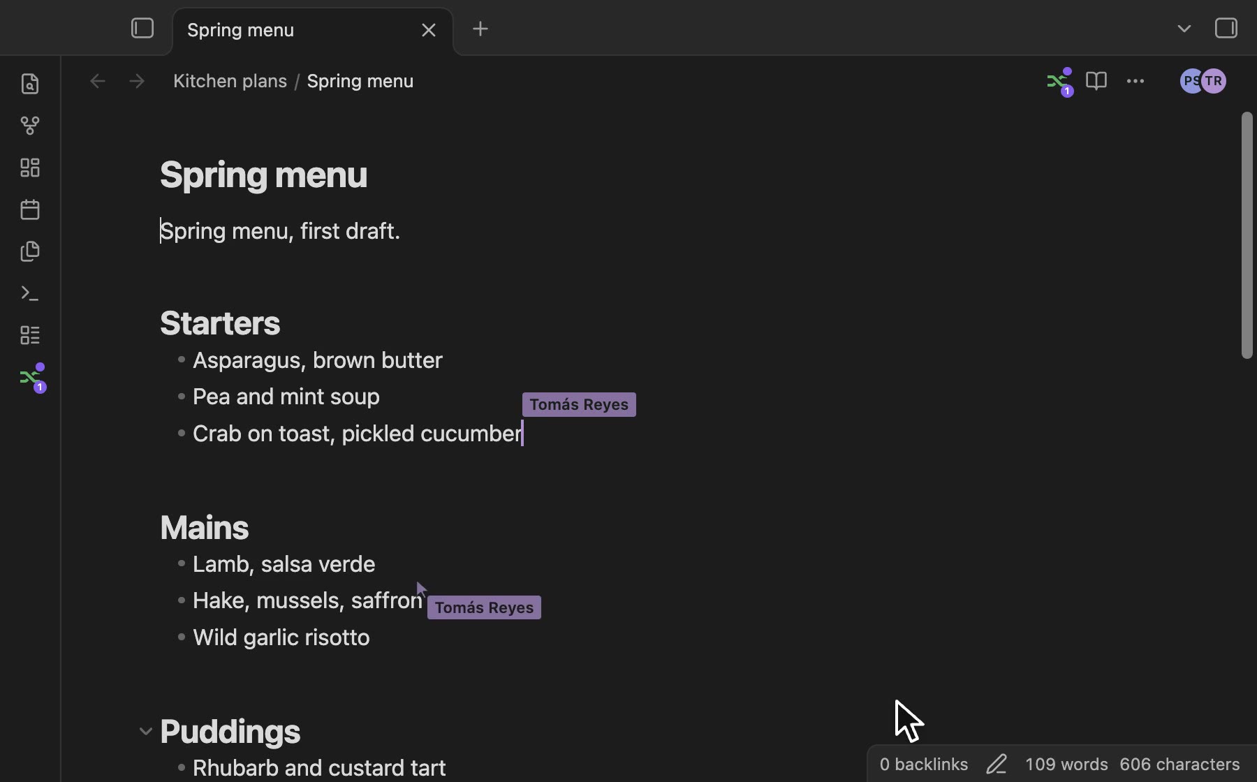 Recording: in one Obsidian note, Tomás’s named pointer and caret edit beside yours, and his caret stays marked at the edge when you scroll away. Then on a canvas, you both move, resize, link and type in cards at the same time. Then in a base’s kanban view, he moves a card to another lane while you work on another, and each of you sees which card the other is on.