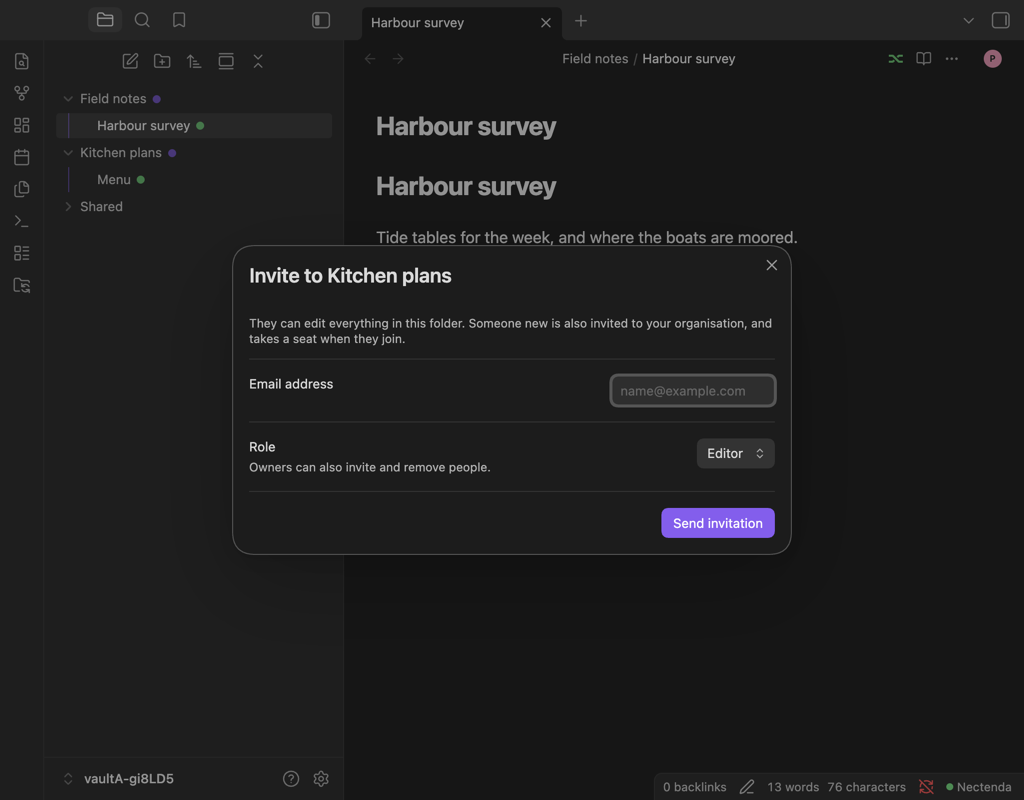The Invite to folder dialog with an email address and the Editor role chosen