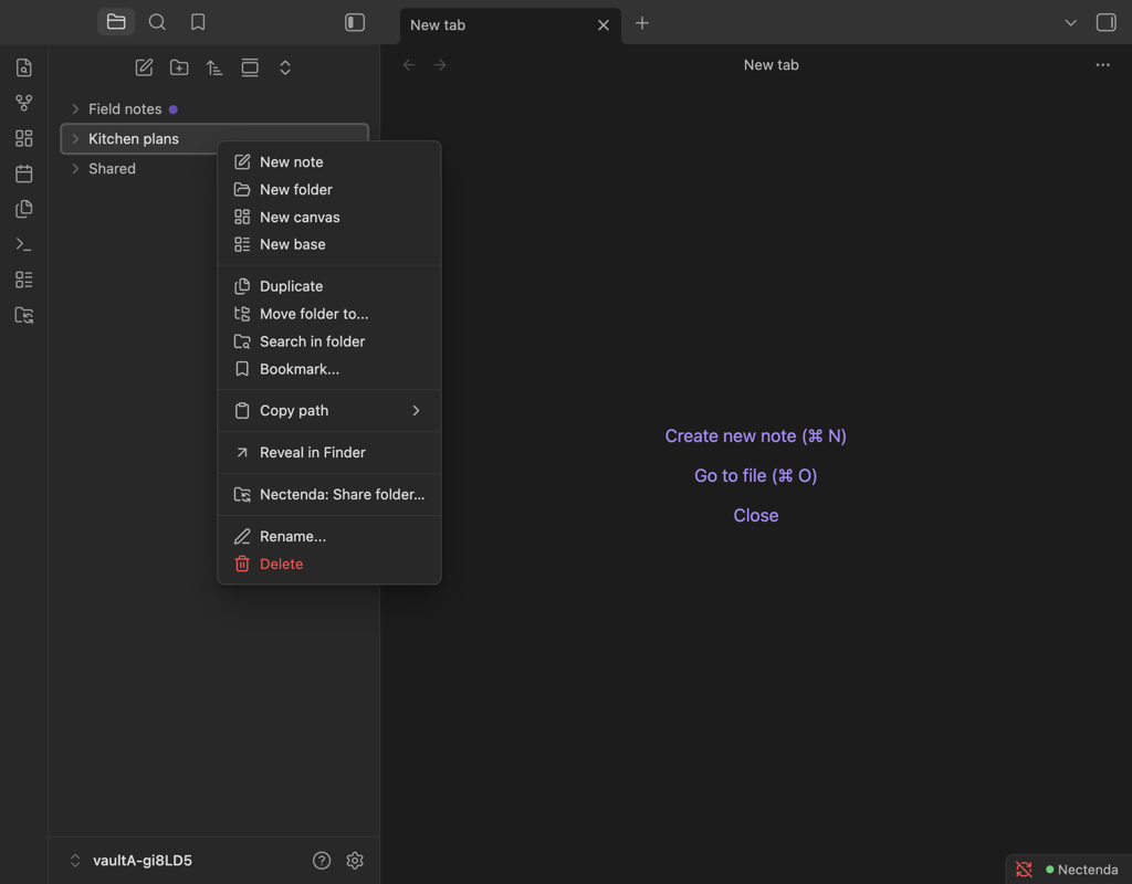 The folder menu in the file explorer with Nectenda: Share folder… highlighted