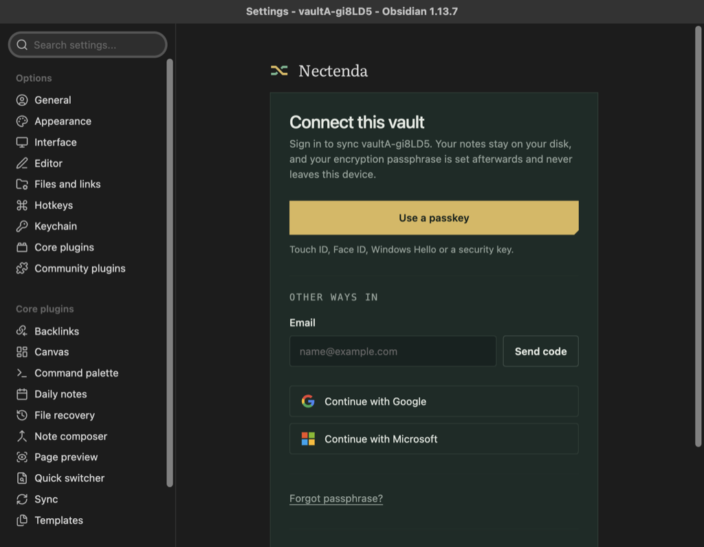 The Connect this vault screen with the passkey button, the email field and the provider buttons