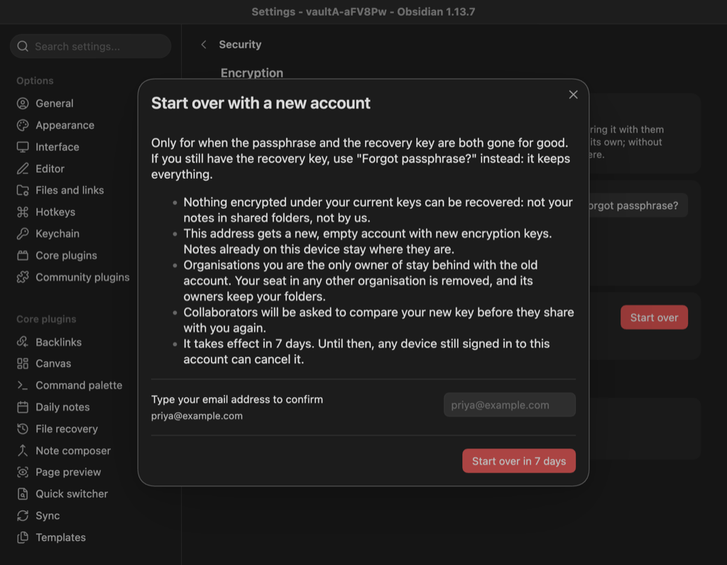 The Start over with a new account dialog