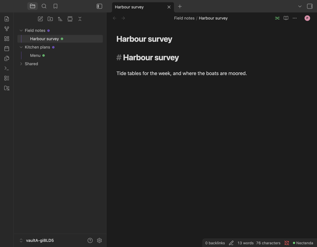 The note-header icon's menu, showing the connection and note status in words